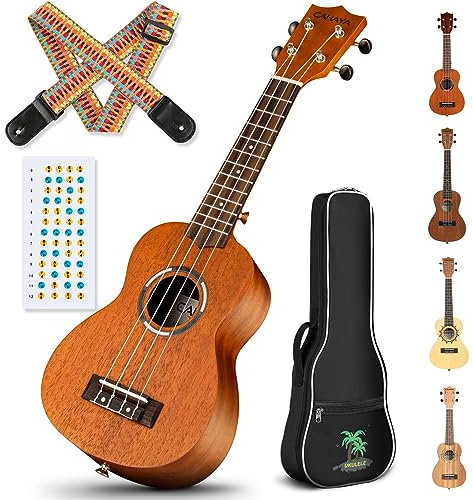 CAHAYA 21 Zoll Sopran Ukulele Set: 4 Saitiges Mahagoni Ukulelen mit Ukulelentasche, Gurt und Aufklebern - Geeignet für Anfänger, Kinder, Erwachsene, CY0335