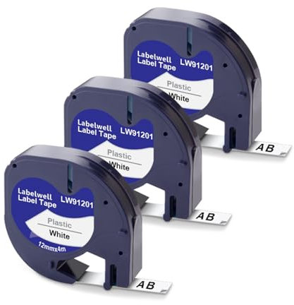 Labelwell 3x Kompatibel für Dynmo 80 XR LT-100H LT-100T 200B Etikettenband Kompatibel für Dynmo 91201/91221/ S0721660 Schriftband Schwarz auf Weiß, 12mm x 4m