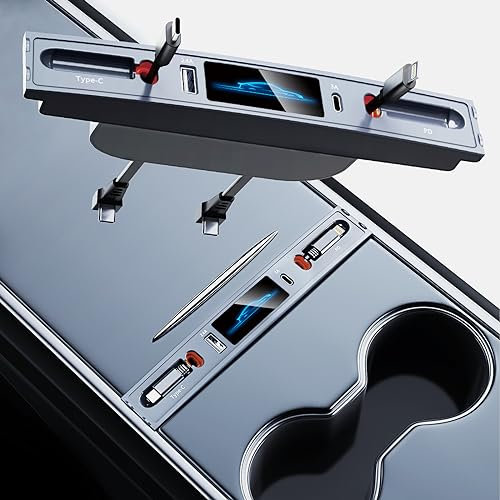 xuenair USB Hub for Tesla Model 3 y 2023 2022 2021, [Retractable Cables] Accessories for Tesla Owners Car Docking Station for Tesla Model 3 y Phone Charger [PD 27W + QC 18W]