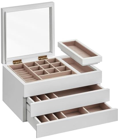 SONGMICS Joyero de madera con tapa transparente, organizador de joyas de 3 capas, 2 cajones, bandeja extraíble pequeña, chapa de madera maciza, forro de terciopelo suave, efecto flotante, idea de