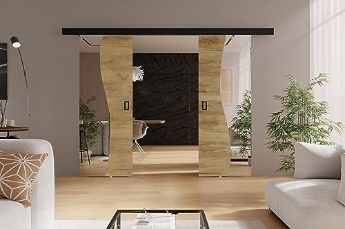 KIER FURNITURE Doppelwandige Schiebetüren mit Spiegeln FALA DUO – Schiebetür Komplettset Schiene Komplettset Mit Tür – Zimmertüren Mit Zarge Komplett - B152xH205xT1,6 cm - Eiche Craft Gold