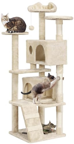 Yaheetech Árbol Rascador para Gatos con 2 Nichos y 3 Plataformas 2 Bolas Sisal Multinivel Altura 158cm Ideal para 3-4 Gatos Color Beige
