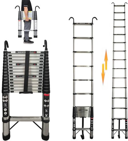 Teleskopleiter Klappleiter, 4,4m Teleskop Klappleiter mit Abnehmbarem Haken, Mehrzweckleiter Rutschfester Ausziehleiter Ausziehbare Leiter, Klappbar Leiter, 150kg Belastbarkeit Leiter für Garten Innen