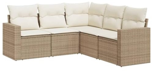 vidaXL Garten Sofa Garnitur 5-TLG., Gartenmöbel Set mit Kissen Stauraum, Sitzgruppe für Garten Terrasse, Modular Gartensofa Lounge, Beige Poly Rattan