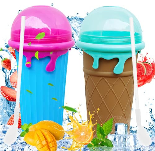 LUFEIS Slushy Maker Cup, 2 Piezas Taza para Smoothie de 500 ML, DIY Homemade Quick Frozen Smoothies Cup, 2 In 1 Straw And Spoon, Taza de Batido de Silicona Taza, para Niños y Familia