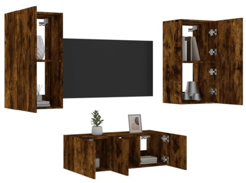 ShGaxin 4-TLG. Wohnwand mit Beleuchtung Räuchereiche Holzwerkstoff, Wohnwand Wohnzimmer, Wohnzimmer Möbel, Schrankwand Wohnzimmer, Tv Möbel, Anbauwand Wohnzimmer - 3216822