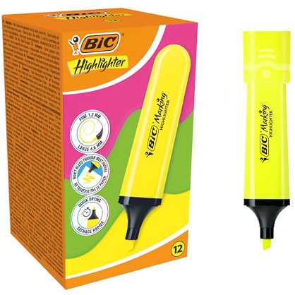 BIC Marking Flat Highlighter Textmarker mit modularer abgeschrägter Spitze (1,2 mm-4,6 mm) - Neongelb, 12 Stück