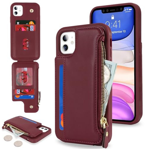 SailorTech for iPhone 11 Phone Case with Credit Card Holder for Men, iPhone 11 Case with Credit Card Slots Wallet Zipper Case for Women - Burgundy