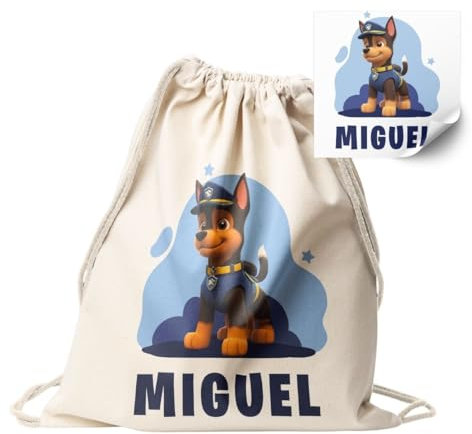 DEREGALOOS Mochila Personalizada Algodón Diseño Infantil | Bolso Saco con Cuerdas | Regalos Originales Vuelta al cole | Regalos para Niños y Niñas | Hecho en España (Chase - Patrulla)