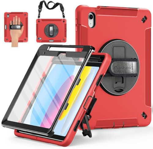 Miesherk Coque pour iPad A16 11eme/10eme Generation 2025/2022 11/10.9: Militaire Robuste Antichoc Housse Etui Cover Case-Protection d'écran -Porte-Crayon-Support Rotatif-Dragonne/Bandoulière-Rouge