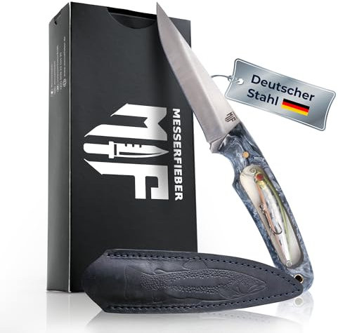 Messerfieber Wobbi Angler Messer mit Wobbler Weiß/Schwarz – 1.4116 Stahlklinge, Epoxidharz Griff, Lederscheide, Outdoor & Angeln