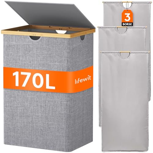 Lifewit 170L Grande Cesto Ropa Sucia con Tapa de Bambú, Cesta Ropa Sucia con Asas, Cubo Ropa Sucia Plegable con 3 Secciones y Bolsa Lavable Extraíble, Laundry Basket para Baño, Lavadero, Gris claro