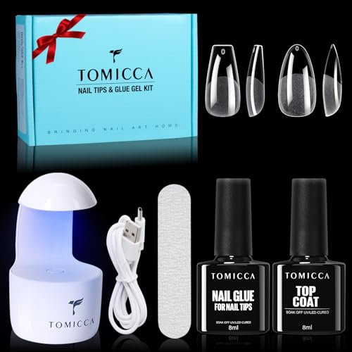 TOMICCA Nail Tips and Glue Gel Kit, 240PCS Mittel Mandel & Medium Ballerina, Nail Extension Set Top Coat und 6 in 1 Nagelkleber Für Kunstnägel, Soft Gel Full Cover Nail Tips Mini UV Lampe Für Nägel