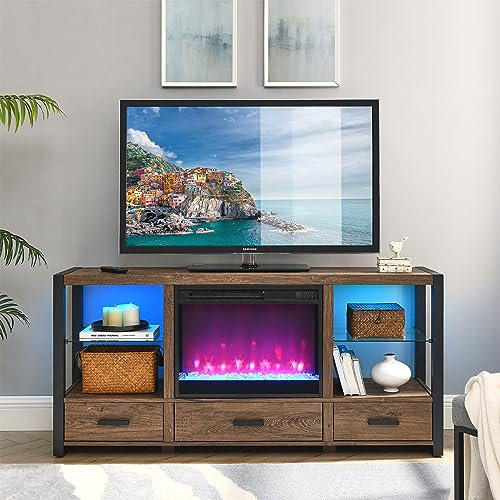 QPWYSH Chimeneas, Soporte for TV Multimedia con Chimenea eléctrica de 60 Pulgadas con Luces LED Coloridas sincronizadas, Color Madera de Granero recuperada for Sala de Estar