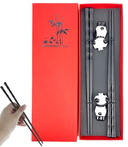 Bamboo Shape Panda Chopsticks, Reusable Chinese Japanese Style Chopsticks Set with Ceramic Panda Rest for Sushi, Ramen, Noodles, Rice (Black)