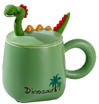 Huiyiwert Lustige 3D Dinosaurier Kaffeetasse Süße Teetasse mit Deckel und Löffel 380ml Milchbecher Porzellanbecher Geschenk für Kinder Frauen Mädchen Freunde Weihnachten Geburtstag (Grün)