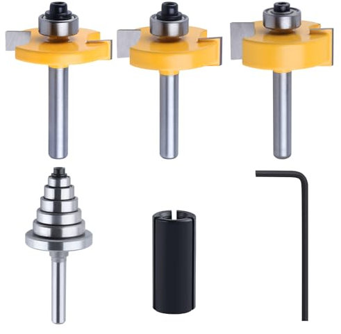 LEONTOOL 1/4 Shank Rabbet Router Bits with 6 Bearings Set(1/8,1/4,5/16,3/8,7/16,1/2 Bearing), 3 PCS Slot Cutter Rabbeting Router Bit(1/4, 3/8, 1/2 Height) with 1/2 to 1/4 Router Collet