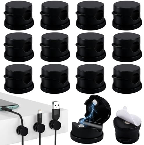 MINISOISO Clip Organizador Cables Magnética, 12 Piezas Sujeta Cables Escritorio, Organizador de Cables Autoadhesivo para Escritorio, Mesilla de Noche, Cable de Alimentación, HDMI, Cable de Carga