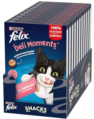 Felix Deli Moments Flüssige Snacks für Erwachsene Katzen, 44 Packungen à 10 | Flüssiges Ergänzungsfuttermittel für Katzen mit Lachs