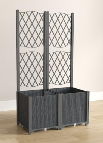 COSTWAY Blumenkasten mit Rankgitter, Pflanzkasten für Kletterpflanzen, Hochbeet mit Spalier, Blumenkübel für Garten Hof Balkon, Gartenspalier Rankkasten mit Selbstbewässerung (Grau, 80 x 40 x 140 cm)