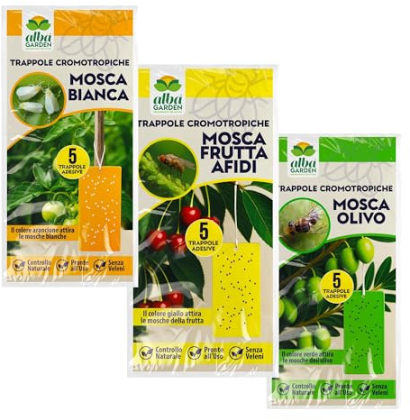 Albagarden - Kit di Trappole Cromotropiche per Mosca Bianca, Mosca della Frutta e Mosca dell'Olivo - 3 x 5 pz