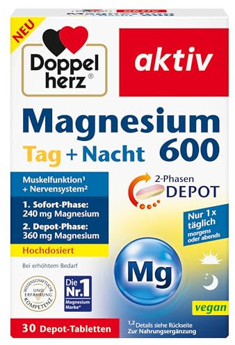Doppelherz Magnesium 600 Tag und Nacht 2-Phasen-DEPOT - Magnesium trägt zur normalen Muskelfunktion bei - Hochdosiert - 30 DEPOT-Tabletten