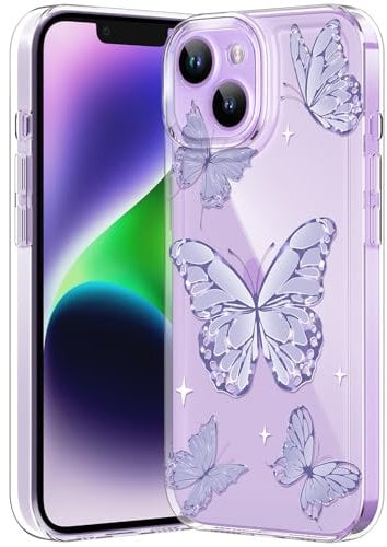CASBST Compatible with iPhone 14 Case, Clear Case with Cute Butterfly Pattern Design for Girls Women, Slim Soft TPU Shockproof Protective Aesthetic Cover for iPhone 14 (Light Purple Butterfly)