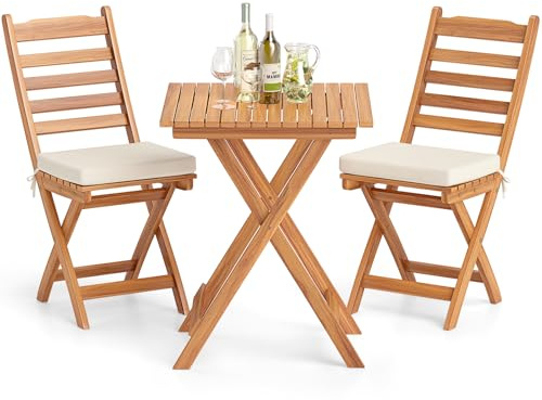 COSTWAY Set Bistro da Esterno Pieghevole in Legno di Acacia (Modello 1) | Tavolo e 2 Sedie Pieghevoli con Cuscini, Tavolo Portata 80 kg/Sedia Portata 180 kg