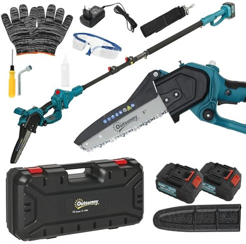 Outsunny Mini Motosega a Batterie 2 in 1 con Palo Telescopico, Motosega Senza Fili con Motore Brushless, 2 Batterie e Blocco di Sicurezza, Guanti e Occhiali di Protezione Inclusi, Blu