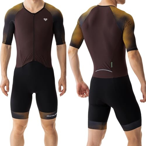 MY KILOMETRE Traje de Triatlón para Hombre Manga Corta – Trisuit Transpirable y de Secado Rápido con Bolsillo Trasero para Natación, Ciclismo y Carrera(Naranja S)