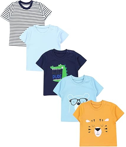 TupTam Baby Jungen Kurzarm T-Shirt mit Aufdruck Unifarben Sterne Streifen 5er Set, Farbe: Löwe Krokodil Bär Streifen Blau Hellblau Gelb, Größe: 98