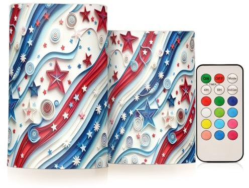 famyily Star and Stripe 4. Juli American Independence Day Material Papier Quilling flammenlose Kerzen LED-Kerzen mit Timer für den Außenbereich, 10,2 cm, 12,7 cm, 2 Stück