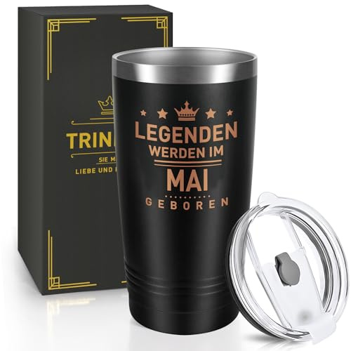 Miofula Geburtstagsgeschenk für Männer, 20oz Travel Mug Lustig Geschenke für Ihn, Freund, Ehemann, Papa, Sohn, 600ml Edelstahl Thermobecher, Kaffeebecher-Legenden Werden im Mai Geboren