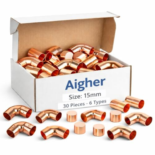Aigher 15mm Copper End Feed Plumbing Fittings Kit, 30 Pieces, 6 Types Mixed Set, Elbows, Tee, Coupling, Stop End for Domestic Plumbing Installations