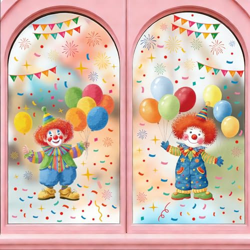 AVAKY Fensterbilder Karneval Fasching Groß, Faschingsdeko Fenster Clown Fensteraufkleber Selbstklebend, 233PCS Fenstersticker Karneval Deko Fenster, Fensterbilder Kinderzimmer Wohnzimmer Schaufenster
