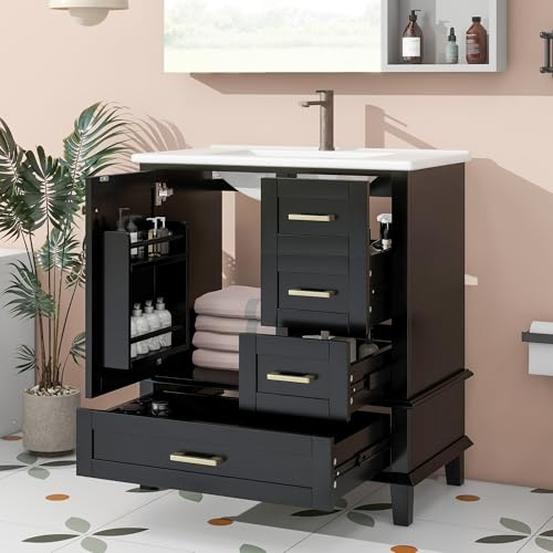 Merax Mueble de baño de pie con lavabo, lavabo completamente lacado, estante para puerta, tres cajones silenciosos, lavabo de cerámica integrado, negro, 73 x 45,5 x 83,5 cm