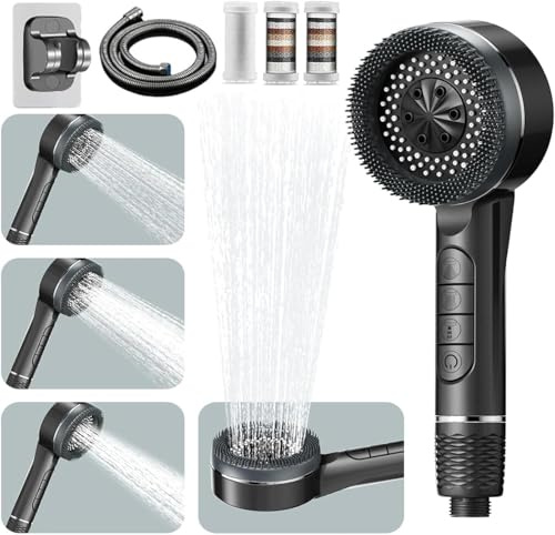 Pommeau de Douche Anti Calcaire Haute Pression avec Filtre Intégré, 4 Types de Jets et Bouton d'Arrêt d'Eau, Pommeau Douche Économie d'Eau, Inclus Tuyau 1,5M et Support pour Salle de Bain, Gris