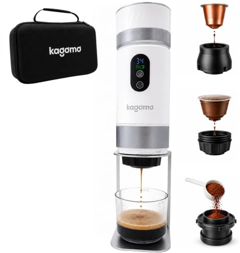 kagomo One Tragbare Espressomaschine mit Akku, USB und Standfuß | Selbsterhitzung, USB-C 12V, 20 Bar, für Kaffeepulver und NS-Kapseln, Ständer und Tasche für unterwegs, Auto, LKW, Camping