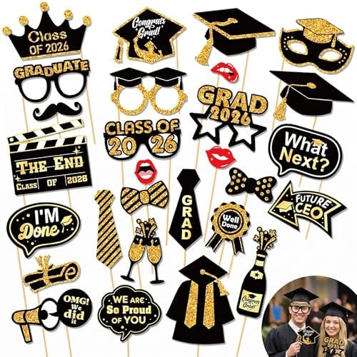 30 Pezzi Gadget Laurea Decorazioni Nero e Oro - Kit Photo Booth Laurea Divertenti per Festa, Accessori Foto Originali per Laureato e Laureata, Addobbi Laurea per Selfie e Ricordi Indimenticabili