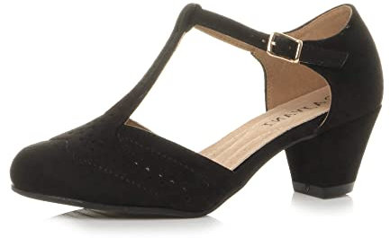 Damen Mitte Blockabsatz T-Riemen Ausgeschnitten Brogues Pumps Sandalen Größe 5 38