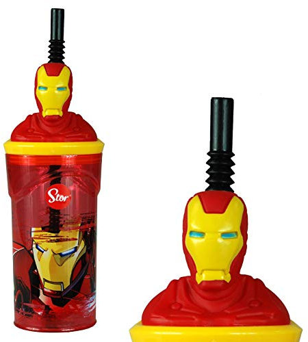 Iron Man 3D Figurine Plastic Tumbler Beaker with Flexi Straw - 360ml - 7cm Diameter x 14cm Height - Sturdy Novelty Enclosed Drinking Cup.