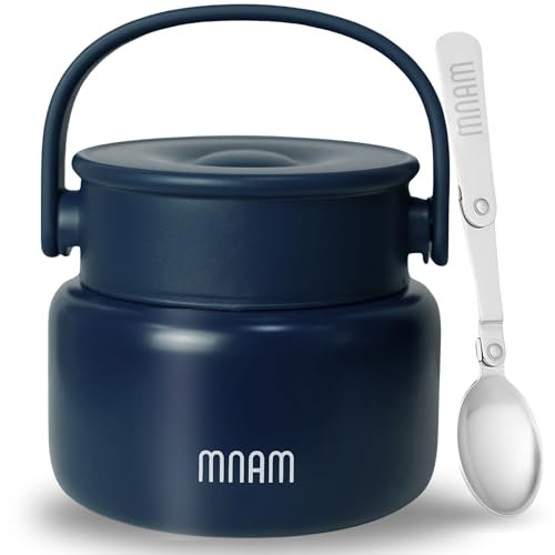 mnam Lunchbox Thermo 500 ml - Thermobehälter für Essen - Isolierbehälter mit Löffel, Edelstahl Warmhaltebehälter Speisegefäß für Speißen, Thermobox Kinder Essensbehälter Thermobecher (Blau, 500 ml)