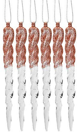 Snow White 6 Pack 12cm Acrylic and Glitter Icicles Christmas Tree Decoration - Rose Gold