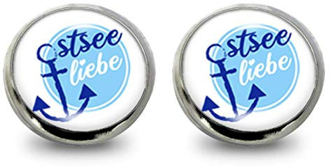 Fördeblau Maritime Ohrstecker Ostsee Liebe - Edelstahl Cabochon Ohrringe mit Anker Motiv, Handgefertigter Ohrschmuck für Meer Liebhaber, 12mm - Maritimes Geschenk