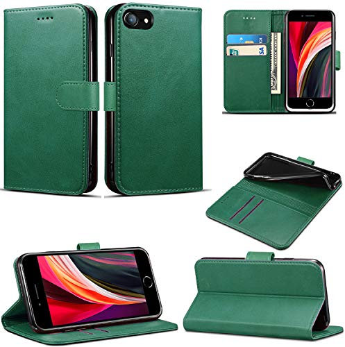 Case for iPhone SE 2022 / iPhone SE 2020, Slim PU Leather Flip Protective Magnetic Wallet Cover With Card Holder and Stand Function Compatible With Apple iPhone SE 2022 / SE 2020 (4.7) (Dark Green)