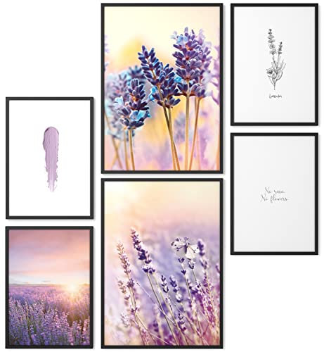 Papierschmiede® Mood Poster Set Lavendel, Bilder Wohnzimmer Deko Schlafzimmer, 2x DIN A4 und 4x DIN A5, Lila Feld Sonne - Wandposter ohne Rahmen