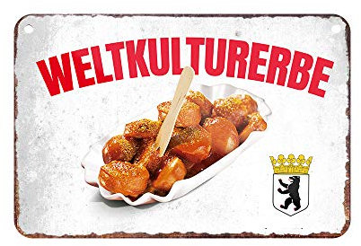 Weltkulturerbe Berliner Currywurst - Metallschild mit Kordel und Saugnapf - Schild für Feinschmecker Genießer und Gourmets - Deko für Küche Lokal Restaurant Wirtshaus Metzgerei Imbiss - 18x12cm