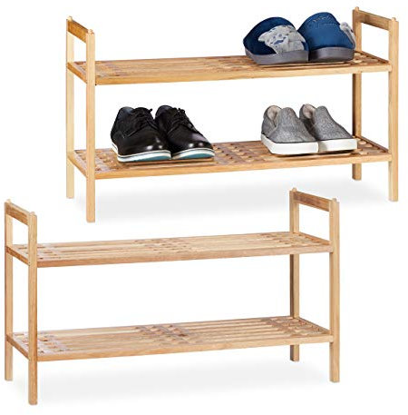 Relaxdays 2 x Schuhregal stapelbar, Schuhablage mit je 2 Etagen, Walnuss Holz, je bis zu 6 Paar Schuhe, HBT 41 x 69 x 27 cm, Natur