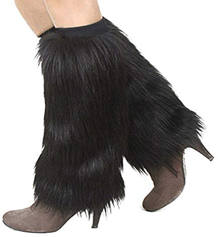 Bodhi2000 1 Paar lange Beinstulpen für den Winter, pelzig, einfarbig, Kunstfell, weiche Stiefelüberzüge für Damen, schwarz, 15 cm