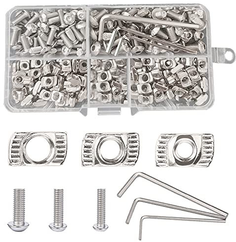 Belvanr T Nut Mutter 183 Stück Gewinde Hammermutter Nutenstein M3 M4 M5 T Nut Hammerkopfmutter mit Schrauben und Inbusschlüssel T-Muttern der Serie 20 ür Aluminiumprofil Zubehör